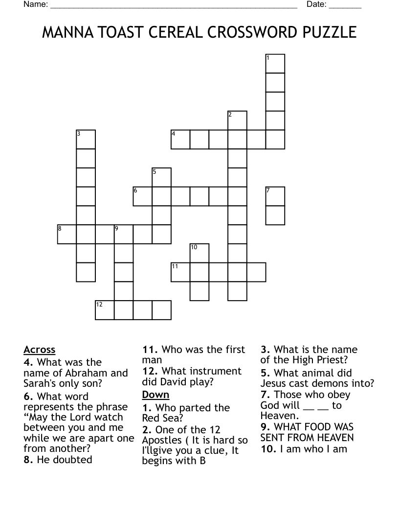 MANNA TOAST CEREAL CROSSWORD PUZZLE WordMint