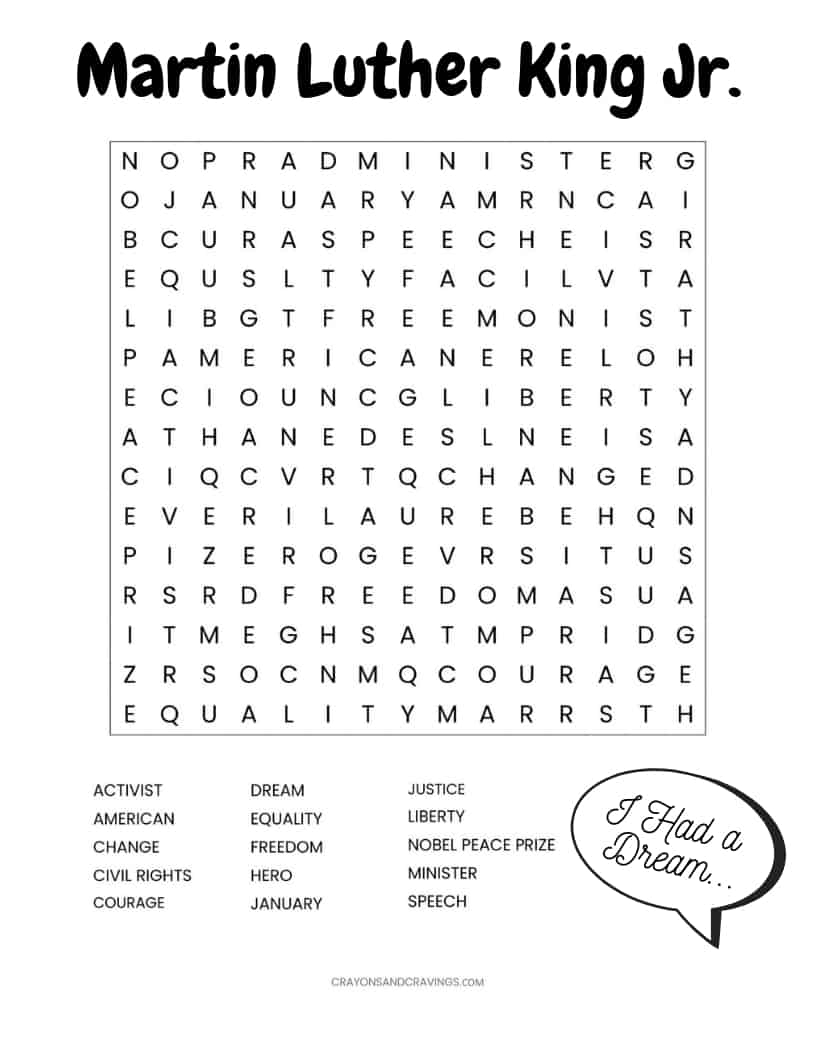 Martin Luther King Jr FREE Printable Word Search Worksheet Martin Luther King Jr FREE Printable Word Search Worksheet