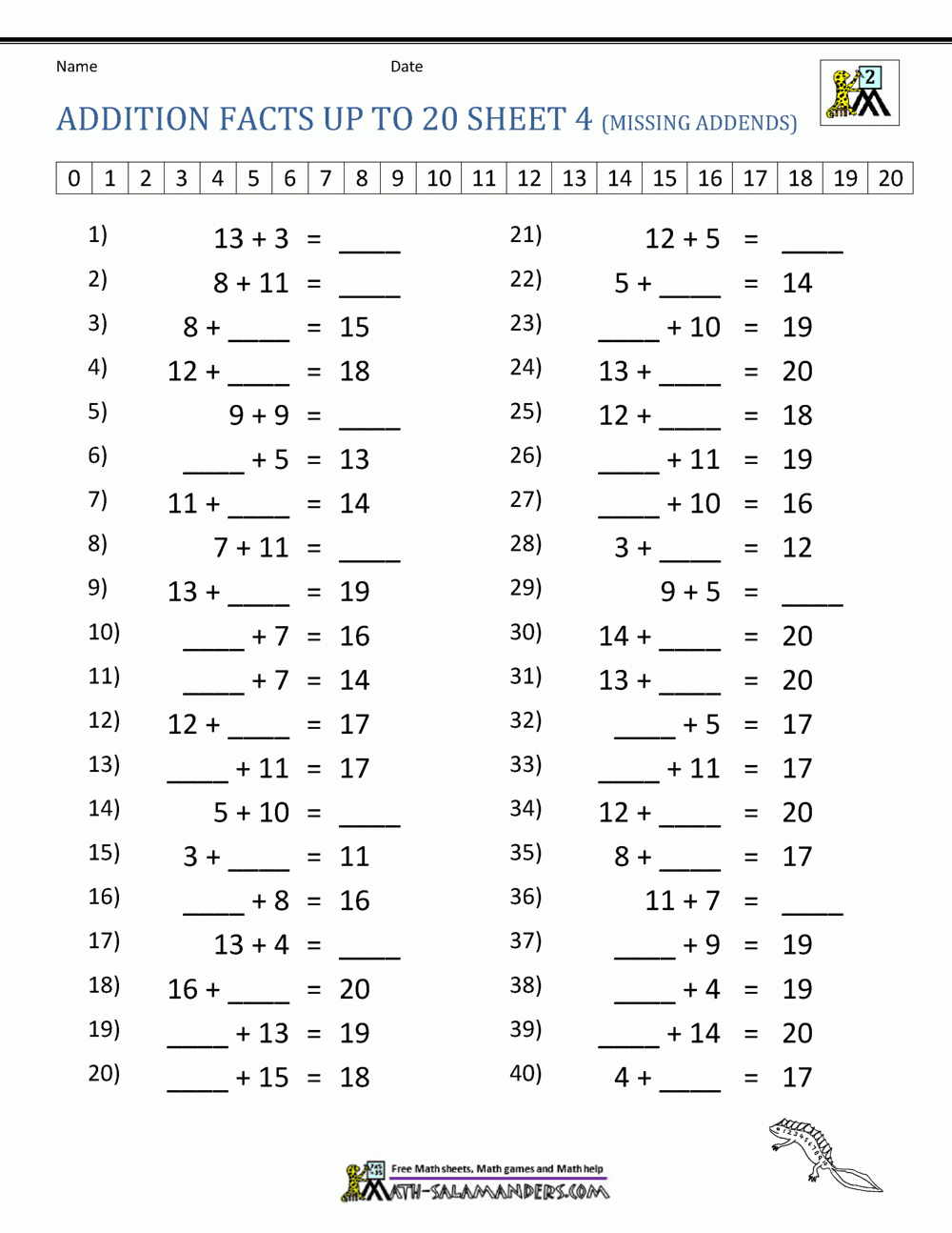 Math Addition Facts To 20 Math Addition Facts To 20