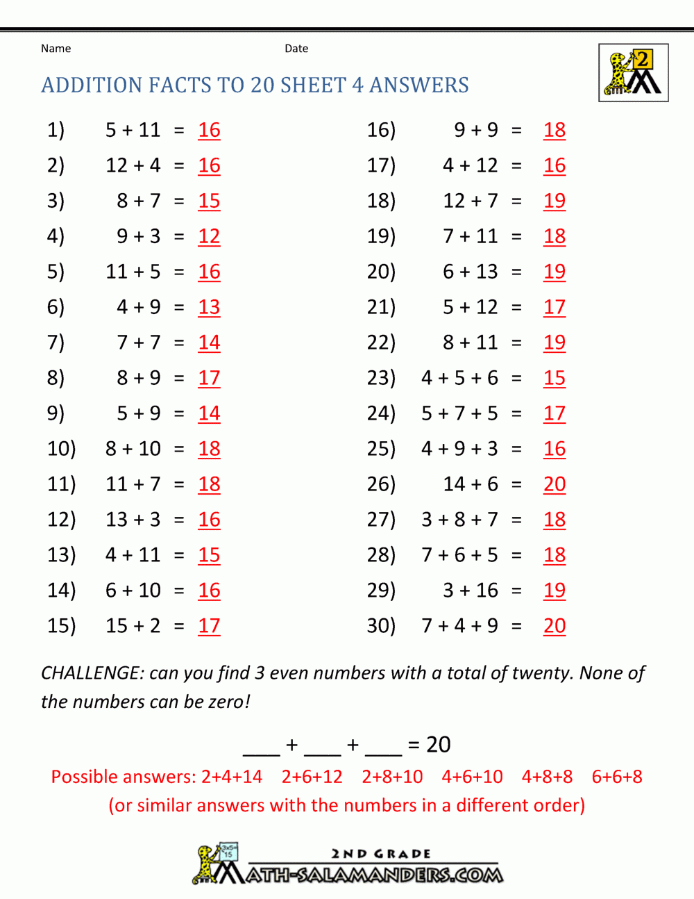 Math Addition Facts To 20 Math Addition Facts To 20