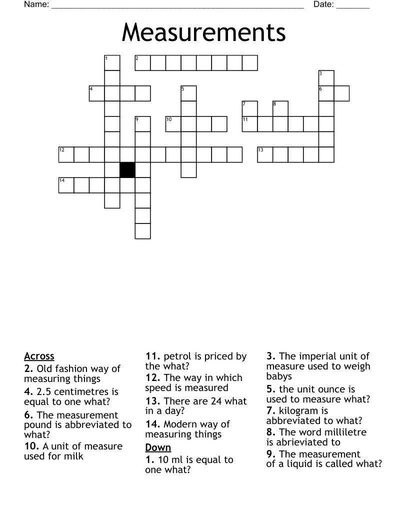 Measurements Crossword WordMint Measurements Crossword WordMint