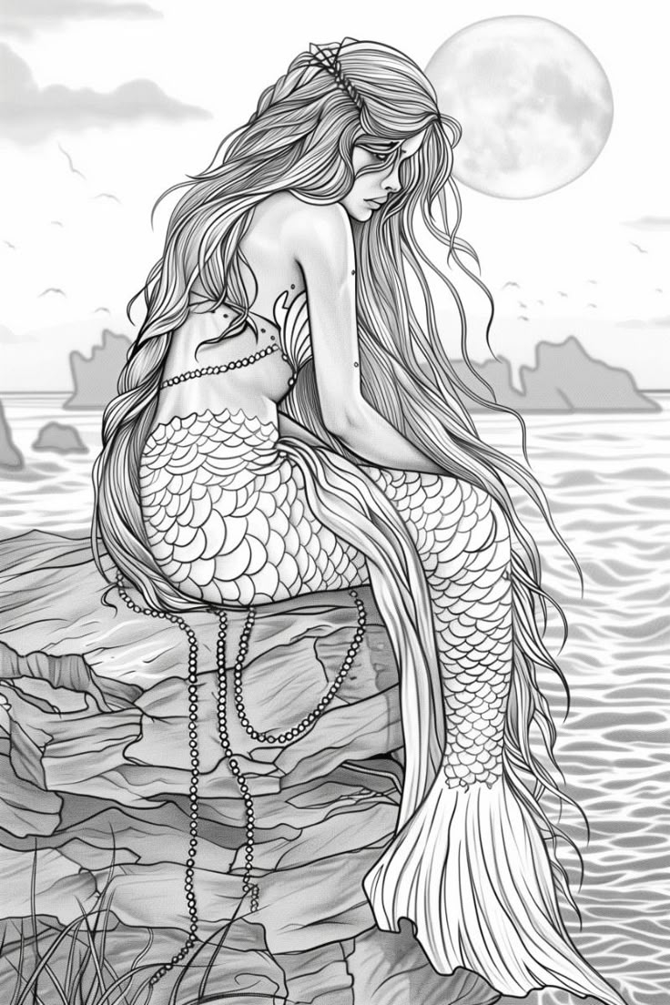 Mermaid On A Stone With Ocean Background Free Coloring Page