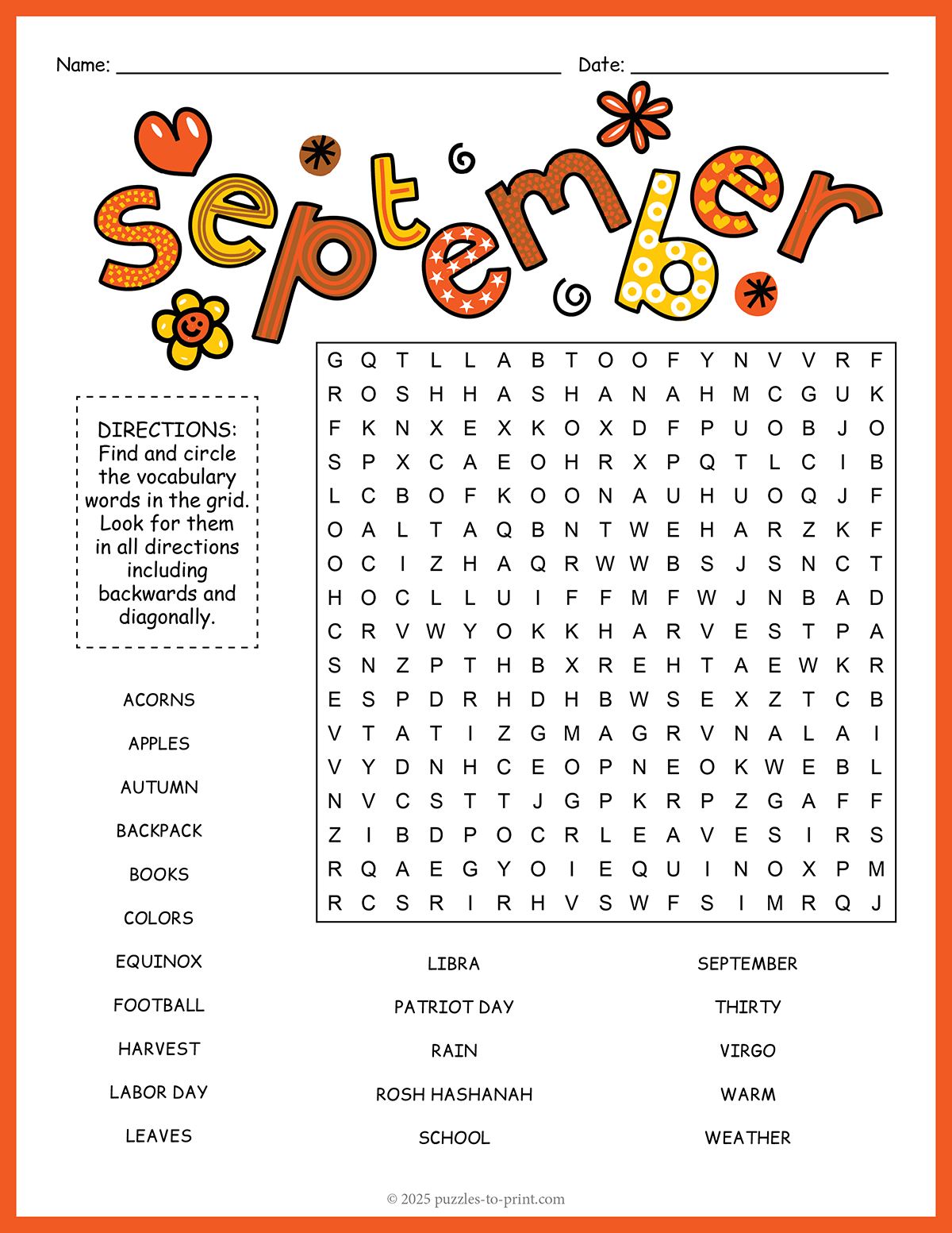 Month Of September Word Search