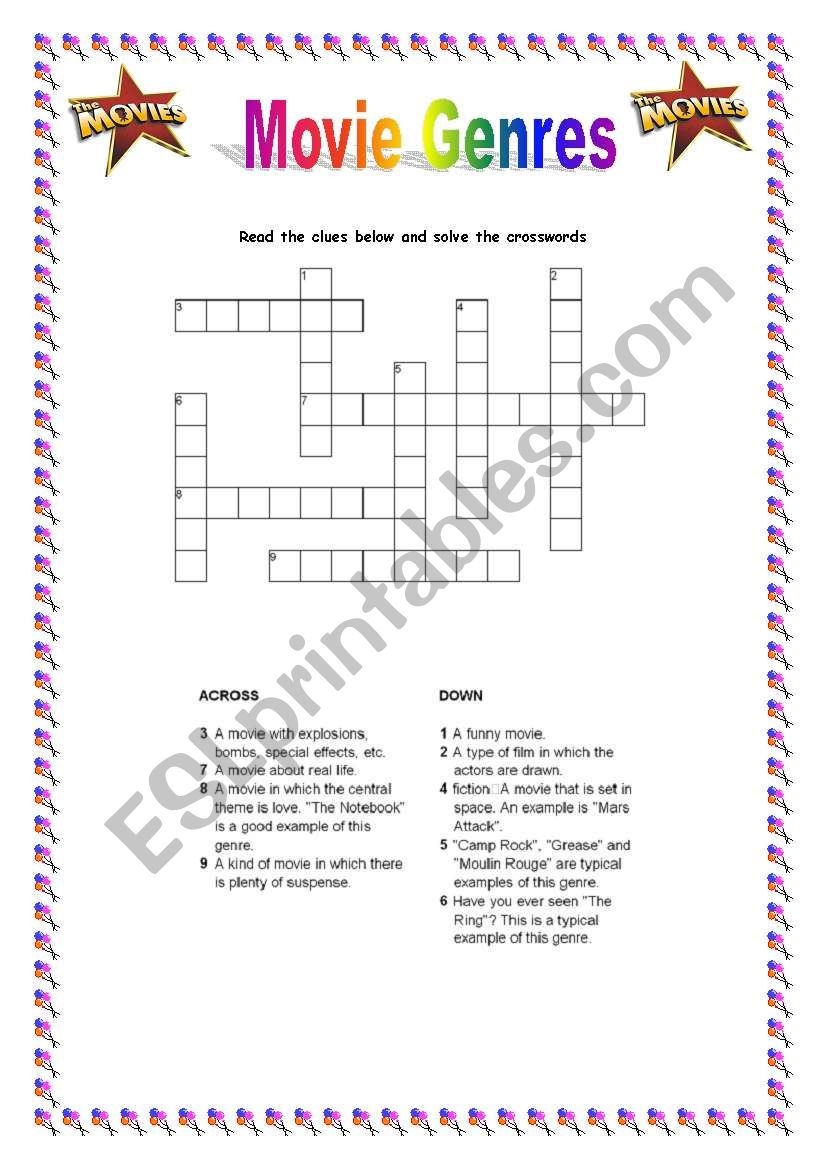 Movie Genre Crosswords ESL Worksheet By Ctrajtemberg