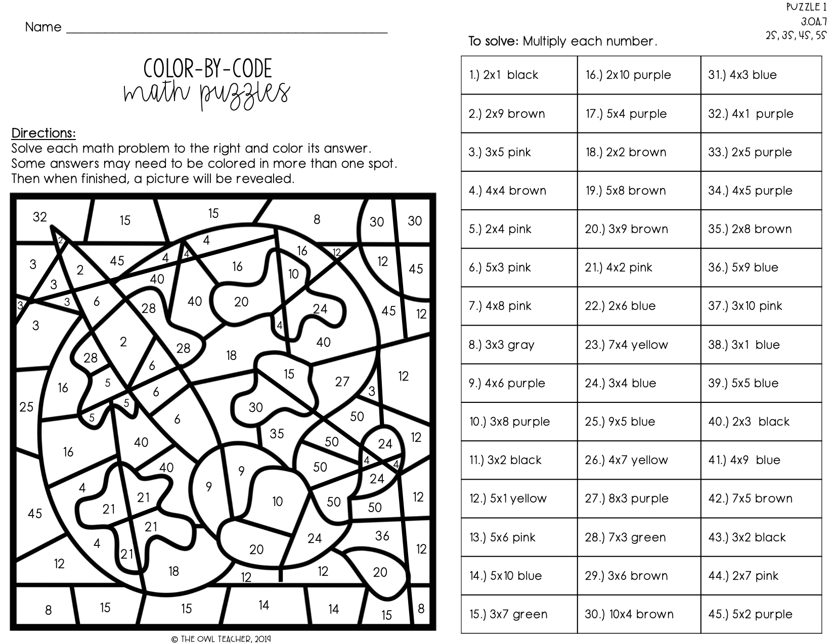 color by number multiplication worksheets