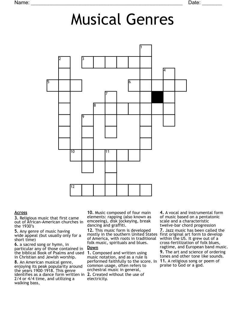 Musical Genres Crossword WordMint Musical Genres Crossword WordMint