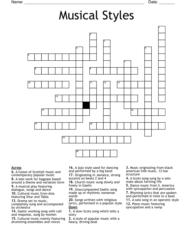 Musical Styles Crossword WordMint