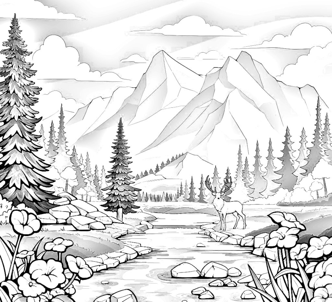 Nature Coloring Page River Mountains Trees PDF Printable Etsy Australia Nature Coloring Page River Mountains Trees PDF Printable Etsy Australia