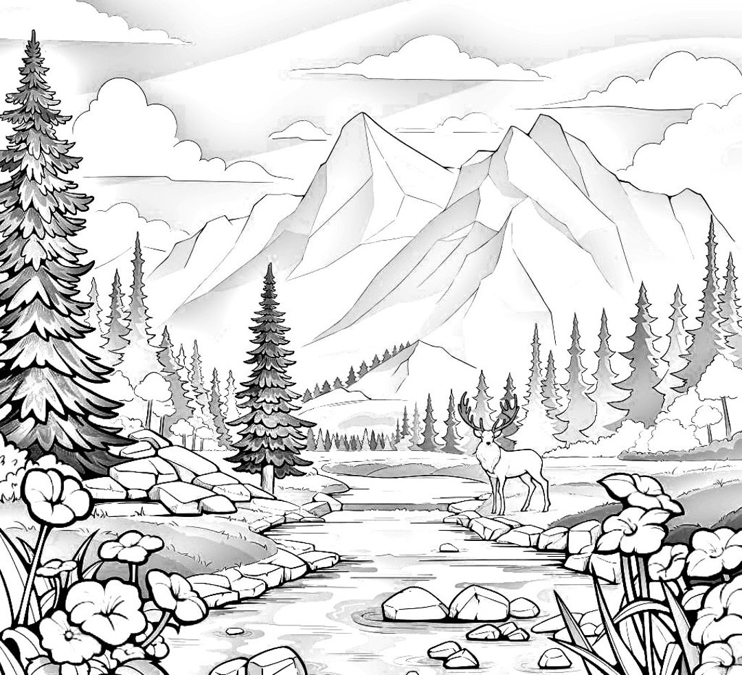Nature Coloring Page River Mountains Trees PDF Printable Etsy Australia