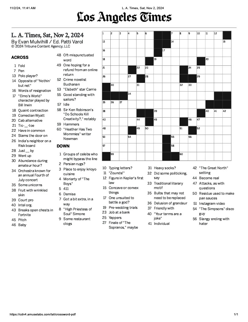 printable la times crossword puzzle