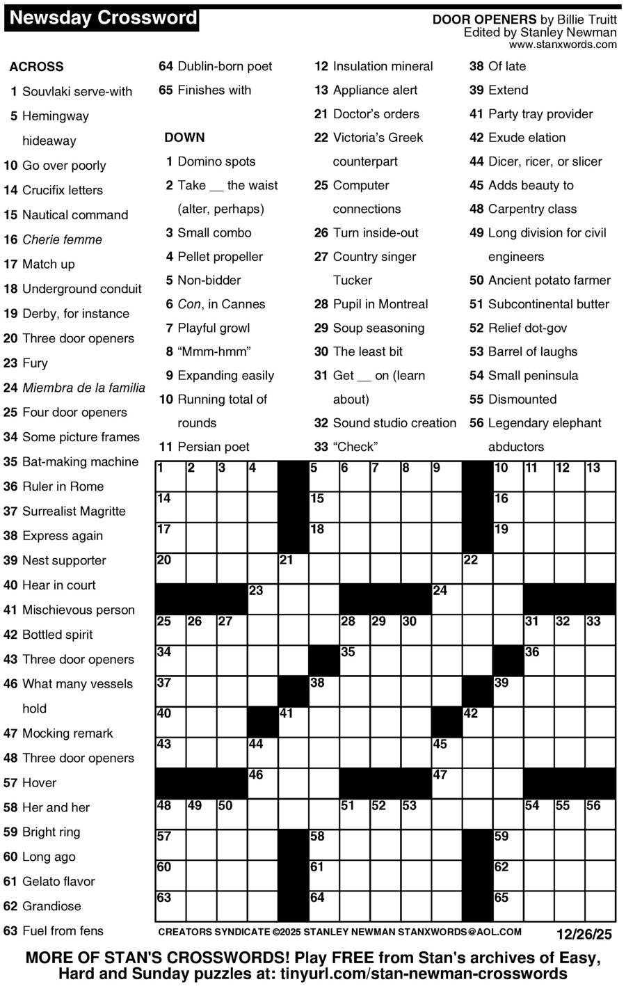 Newsday Crossword Puzzle For Dec 26 2025 By Stanley Newman Creators Syndicate Newsday Crossword Puzzle For Dec 26 2025 By Stanley Newman Creators Syndicate