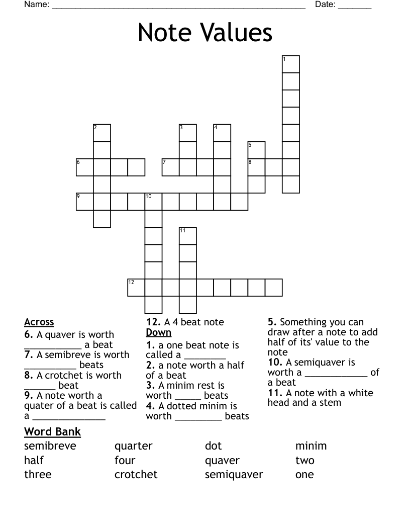 Note Values Crossword WordMint Note Values Crossword WordMint
