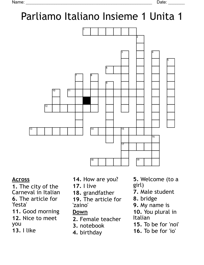 Parliamo Italiano Insieme 1 Unita 1 Crossword WordMint Parliamo Italiano Insieme 1 Unita 1 Crossword WordMint