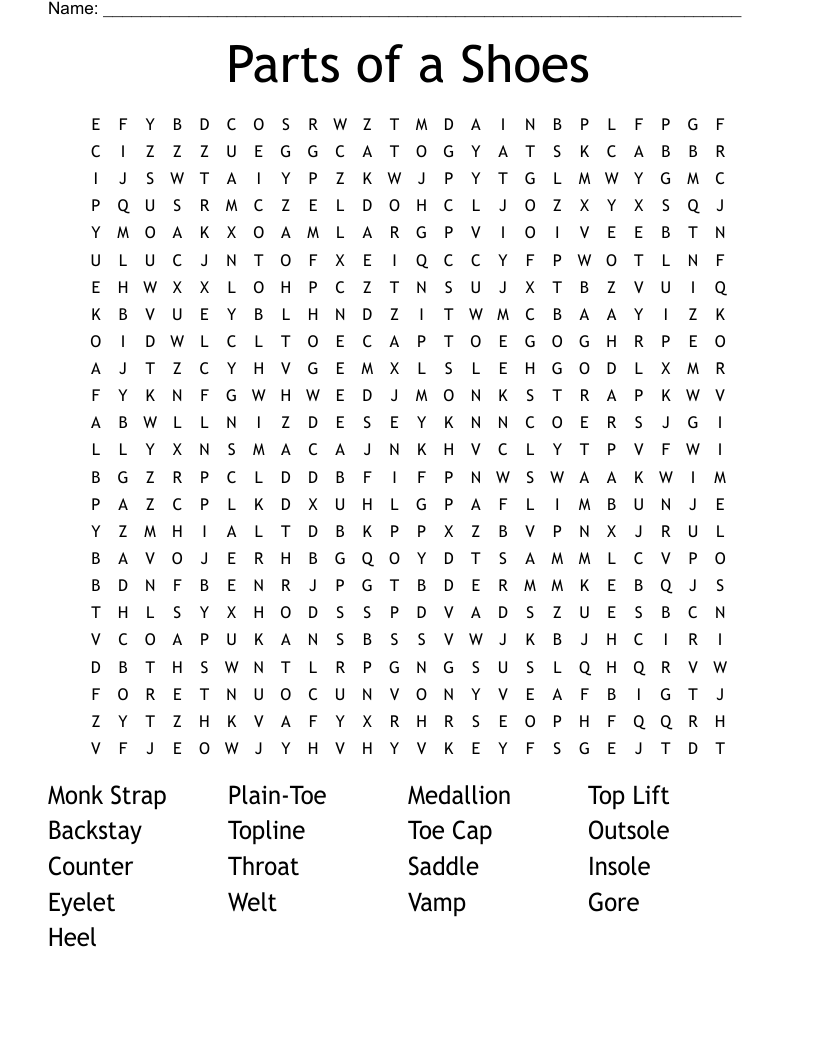 Parts Of A Shoes Word Search WordMint