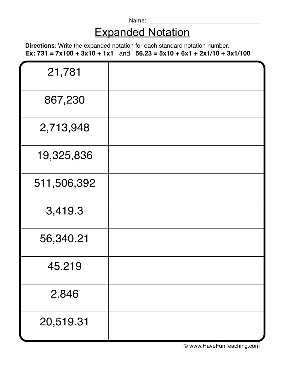 Place Value Expanded Notation Worksheet Have Fun Teaching