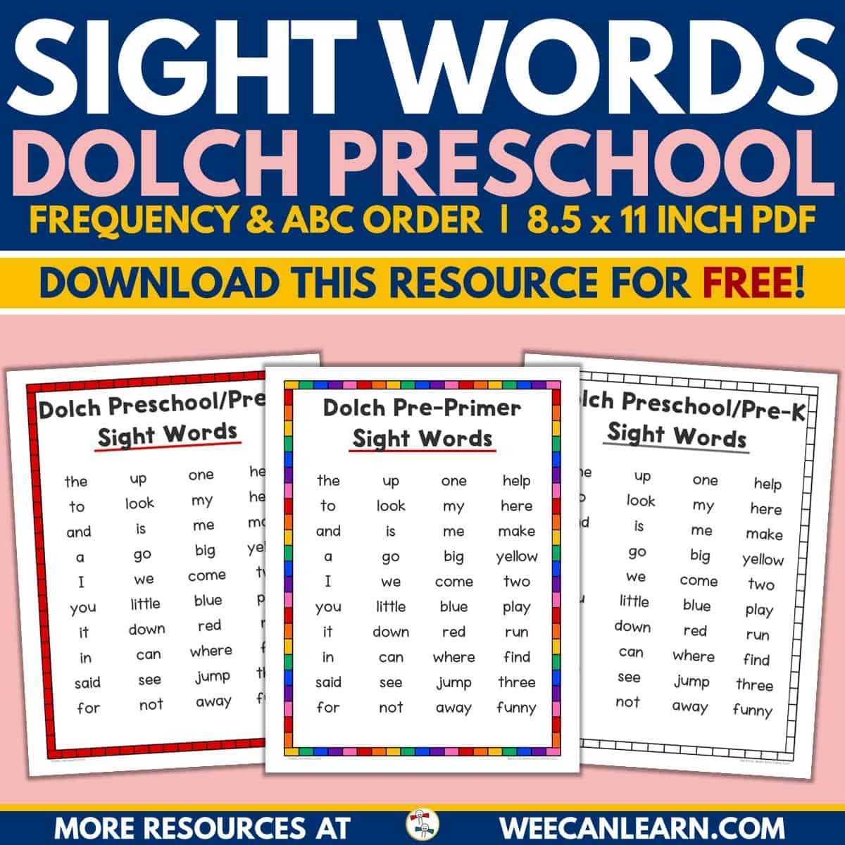 Preschool Pre K Dolch Sight Word List Alphabetical Frequency FREE Download Preschool Pre K Dolch Sight Word List Alphabetical Frequency FREE Download