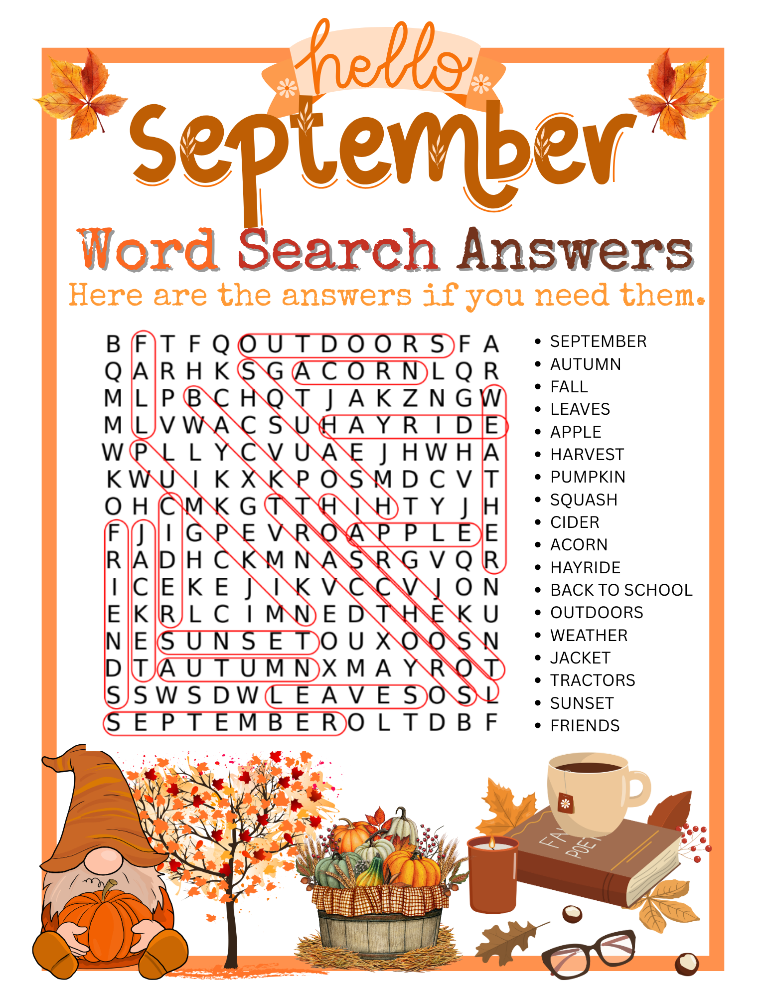 Printable September Word Search With Answer Key
