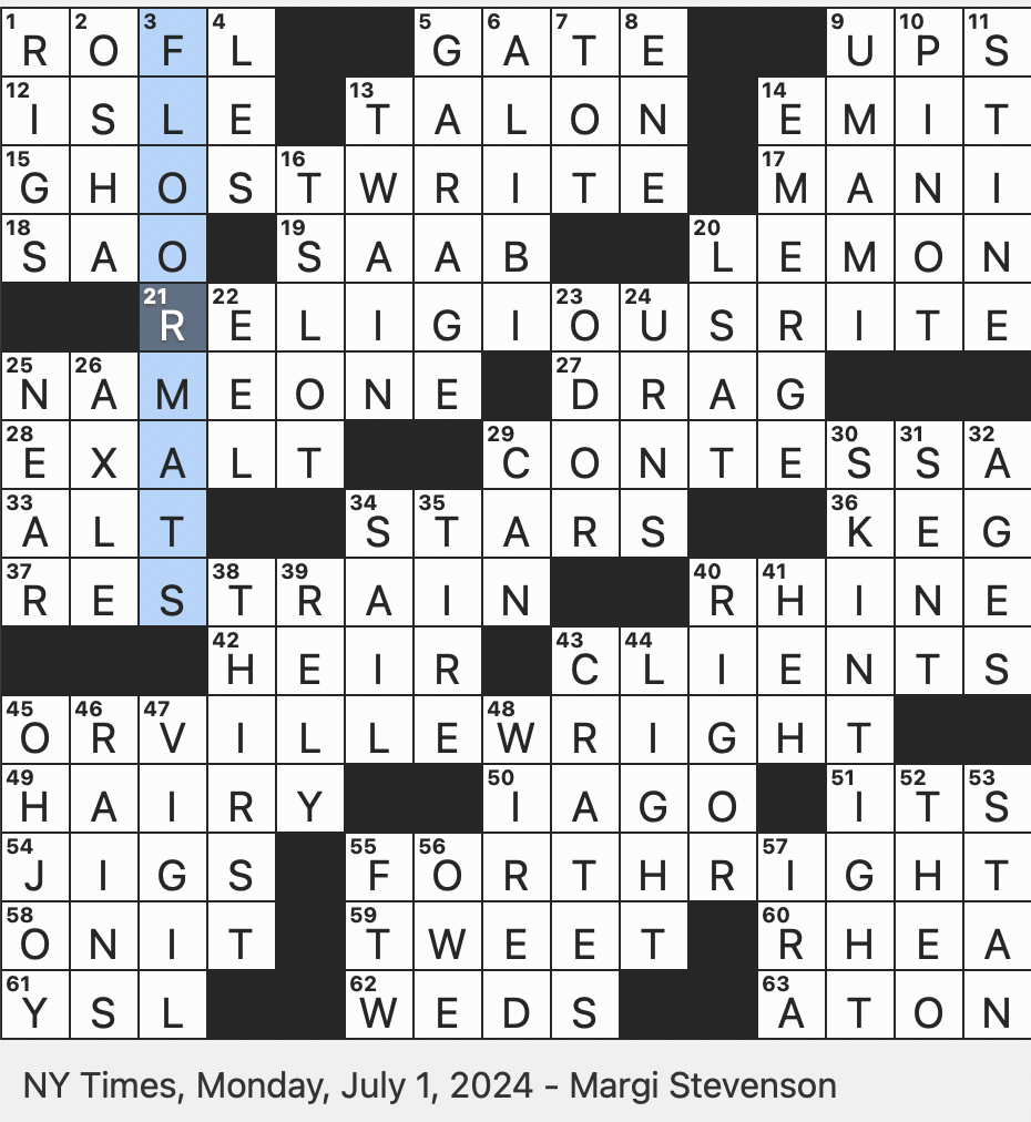 Rex Parker Does The NYT Crossword Puzzle Mark Of Literary Distinction MON 7 1 24 Onetime Rival Of Volvo Title In Italian Nobility Letter shaped Opening For A Bolt Comedian 