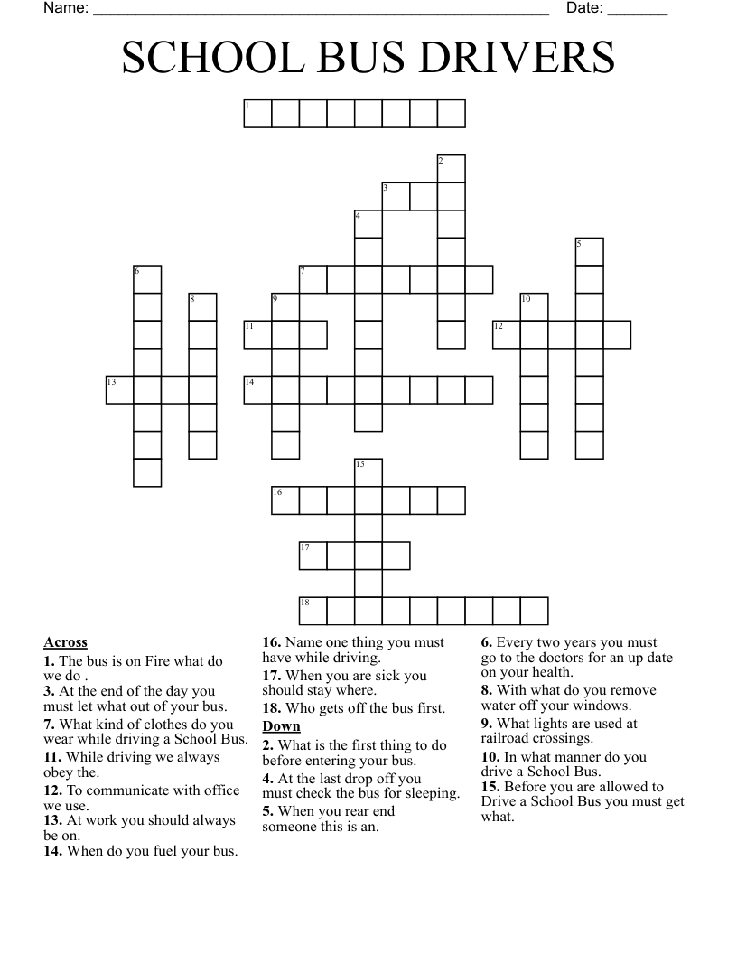 SCHOOL BUS DRIVERS Crossword WordMint SCHOOL BUS DRIVERS Crossword WordMint