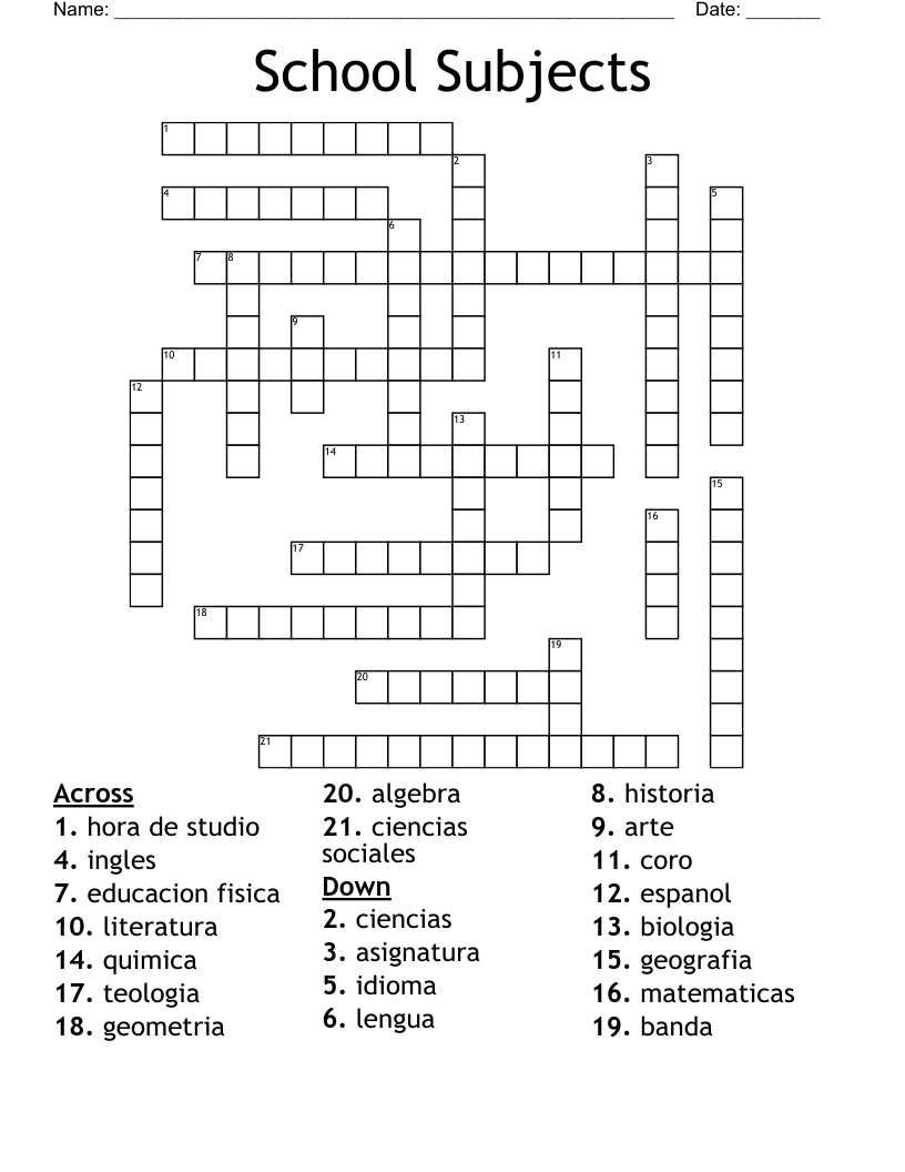 School Subjects Crossword WordMint