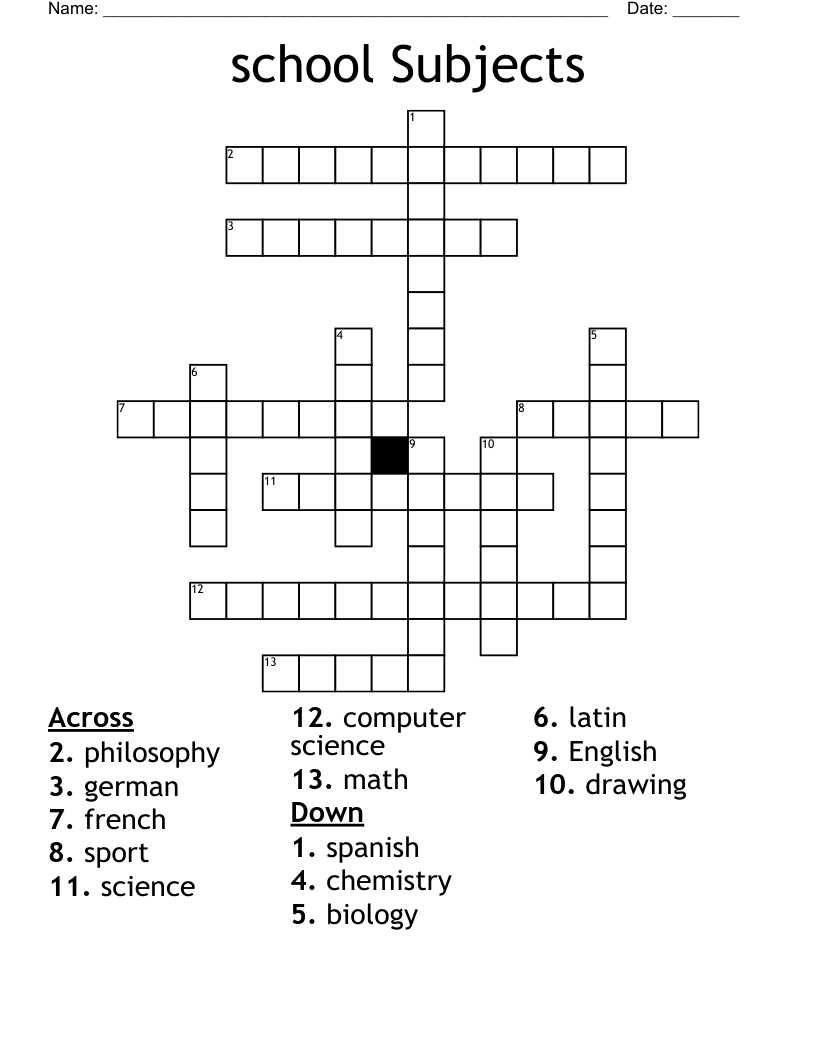 School Subjects Crossword WordMint