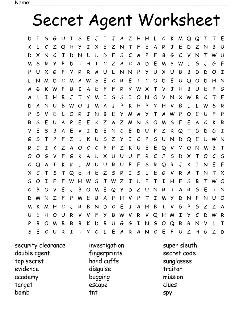 Secret Agent Worksheet Word Search WordMint