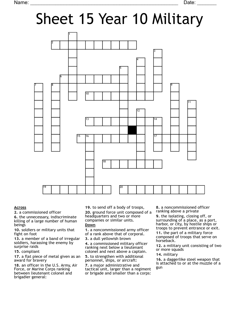 Sheet 15 Year 10 Military Crossword WordMint