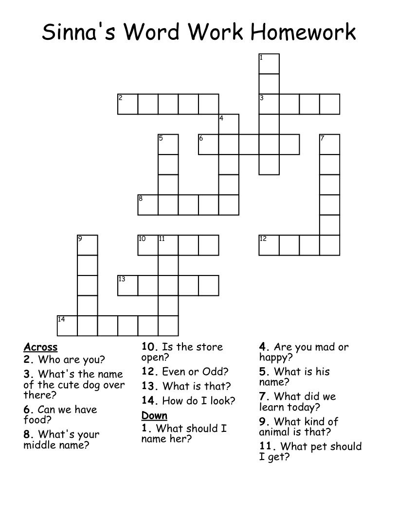 Sinna s Word Work Homework Crossword WordMint