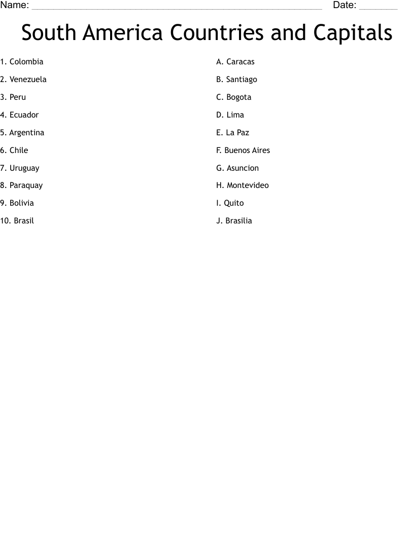 South America Countries And Capitals Crossword WordMint South America Countries And Capitals Crossword WordMint