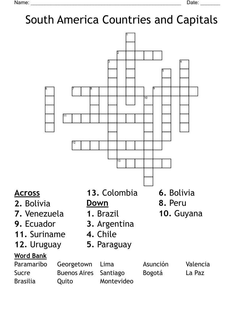 South America Countries And Capitals Crossword WordMint South America Countries And Capitals Crossword WordMint
