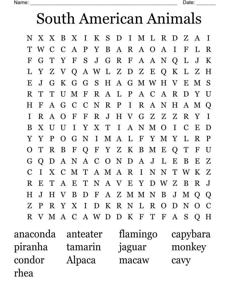 South American Animals Word Search WordMint South American Animals Word Search WordMint