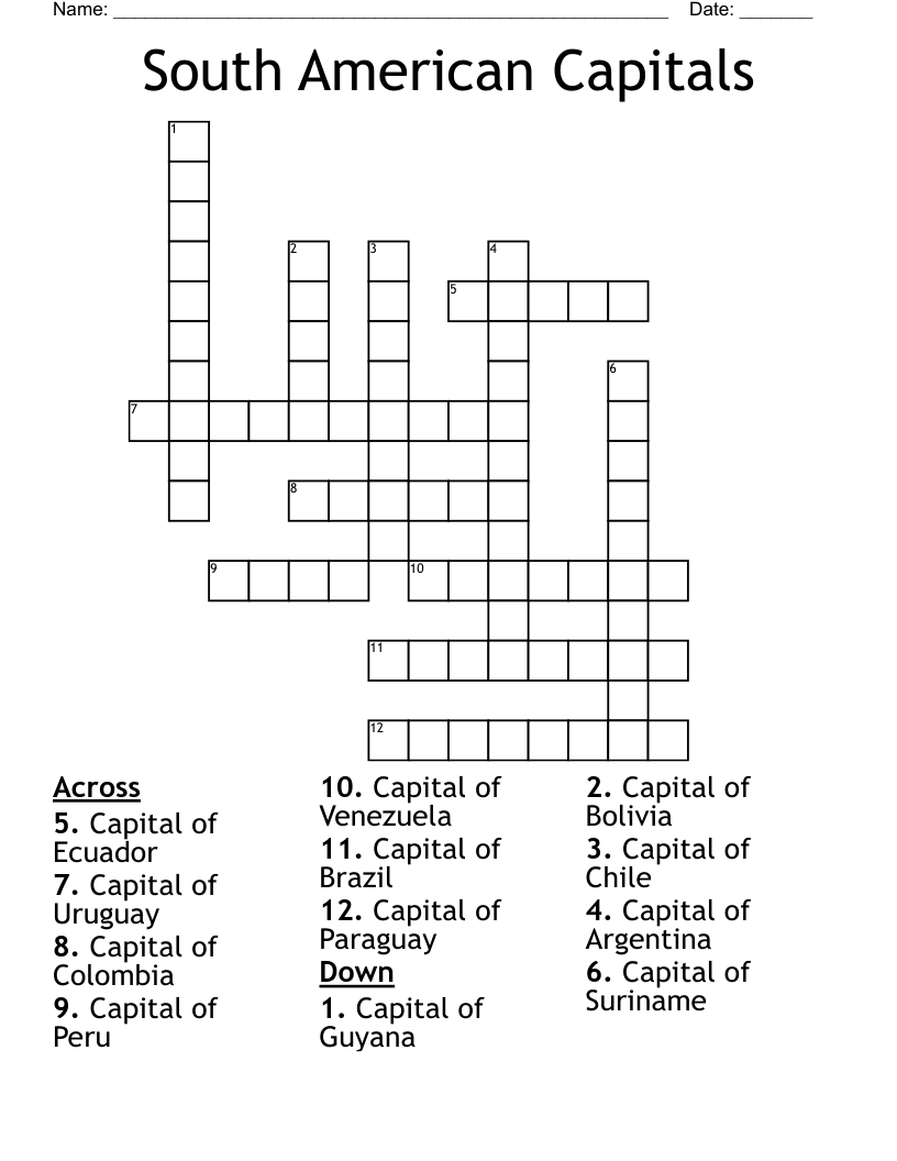 South American Capitals Crossword WordMint South American Capitals Crossword WordMint