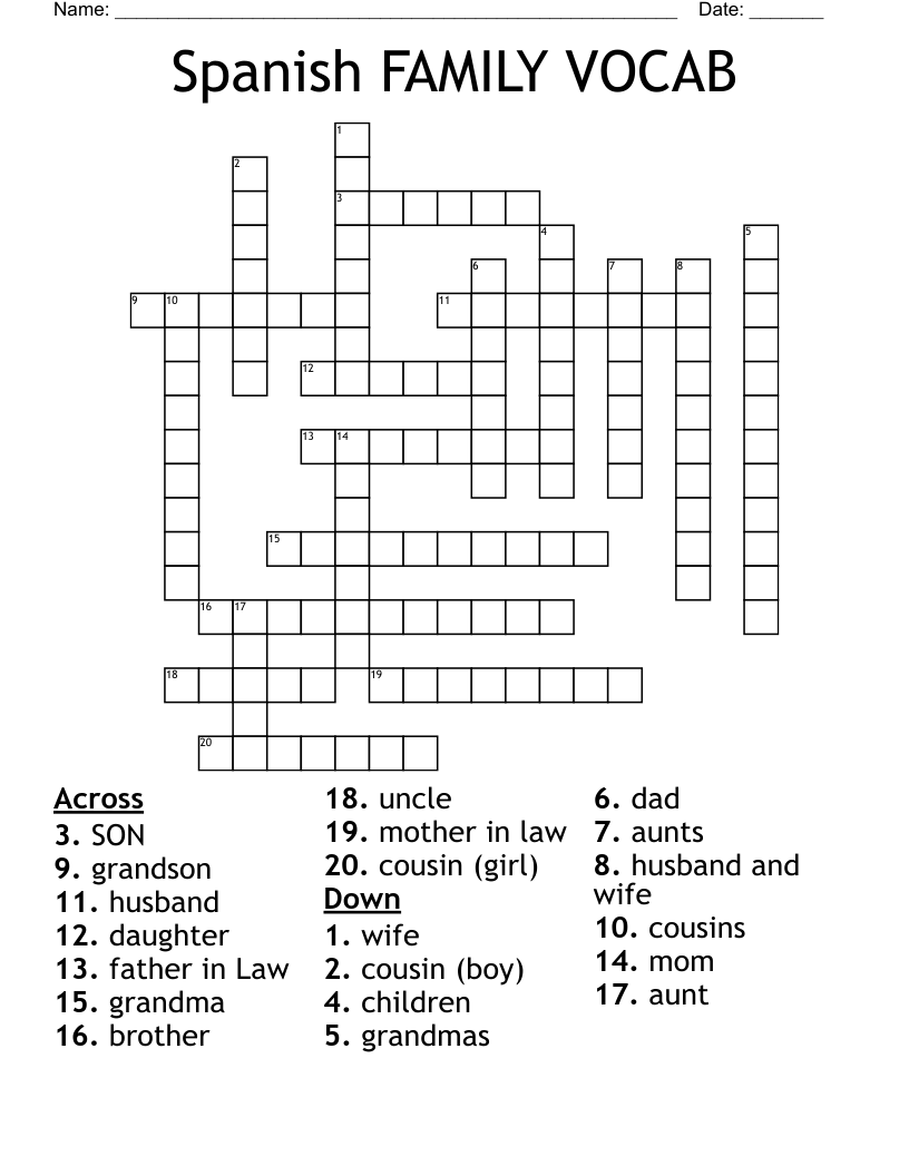 Spanish FAMILY VOCAB Crossword WordMint