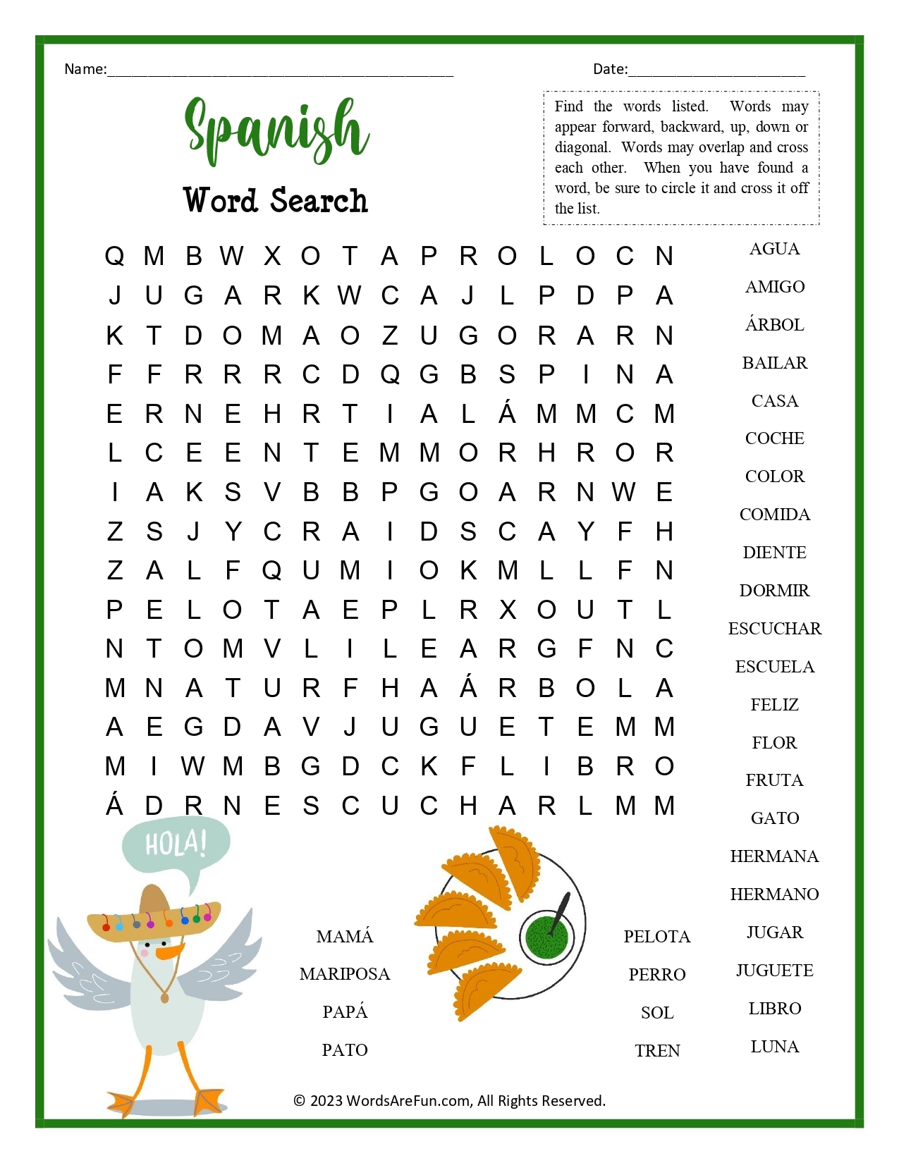 spanish word search printable