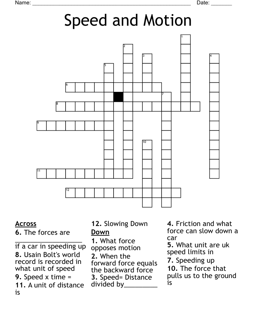 Speed And Motion Crossword WordMint Speed And Motion Crossword WordMint