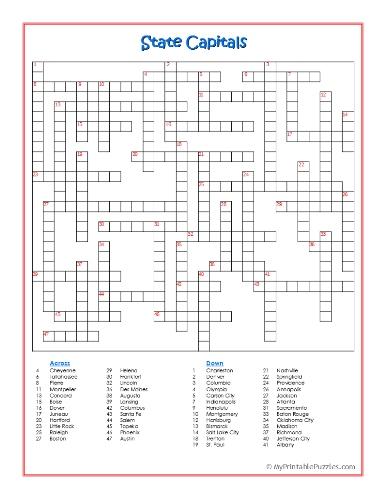 State Capitals Crossword Puzzle My Printable Puzzles State Capitals Crossword Puzzle My Printable Puzzles