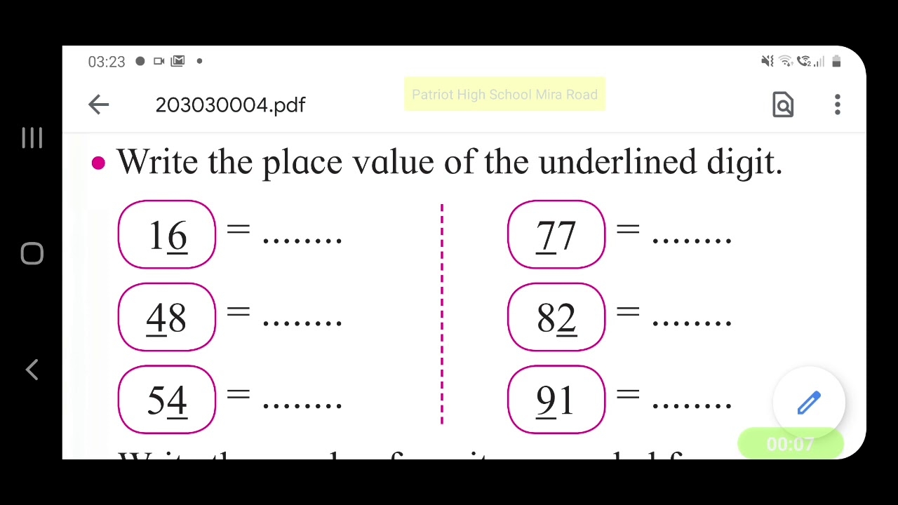 Std 2 Write Place Value Of Underlined Digit YouTube