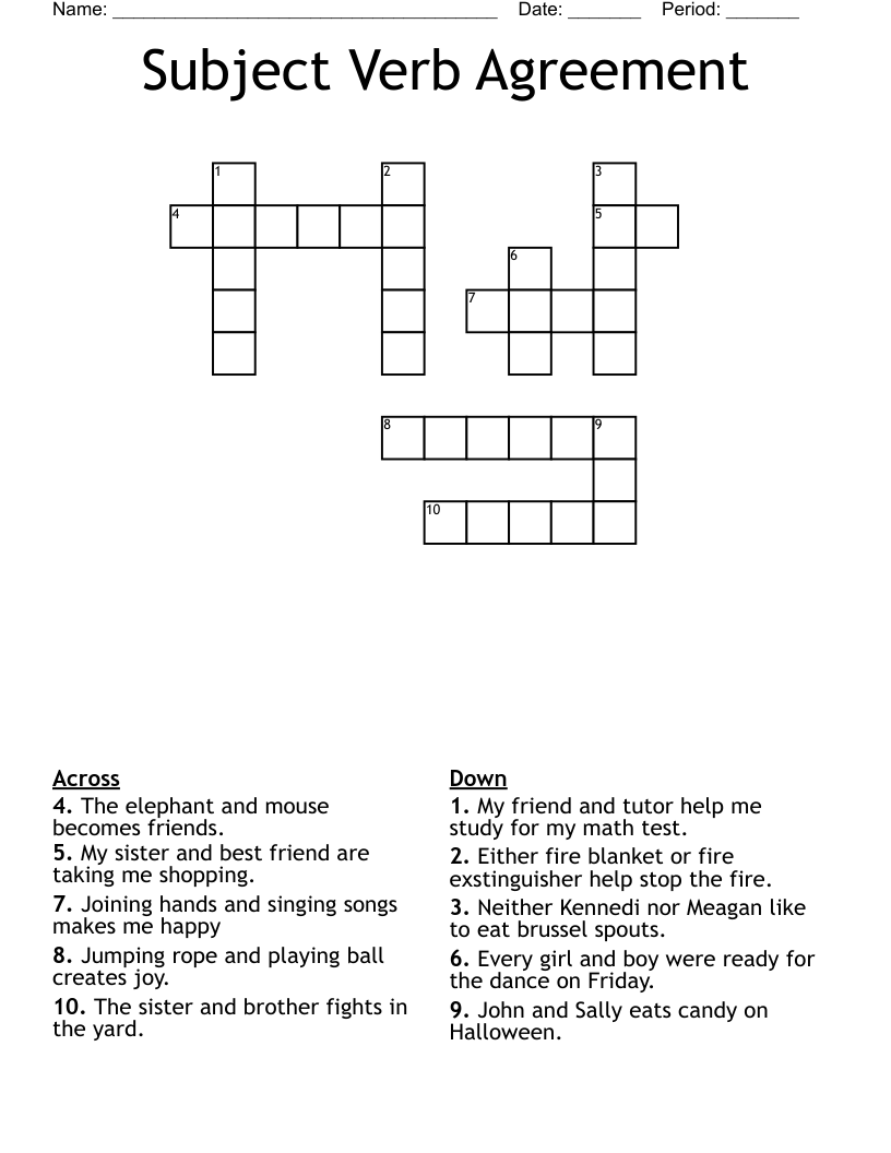 Subject Verb Agreement Crossword WordMint