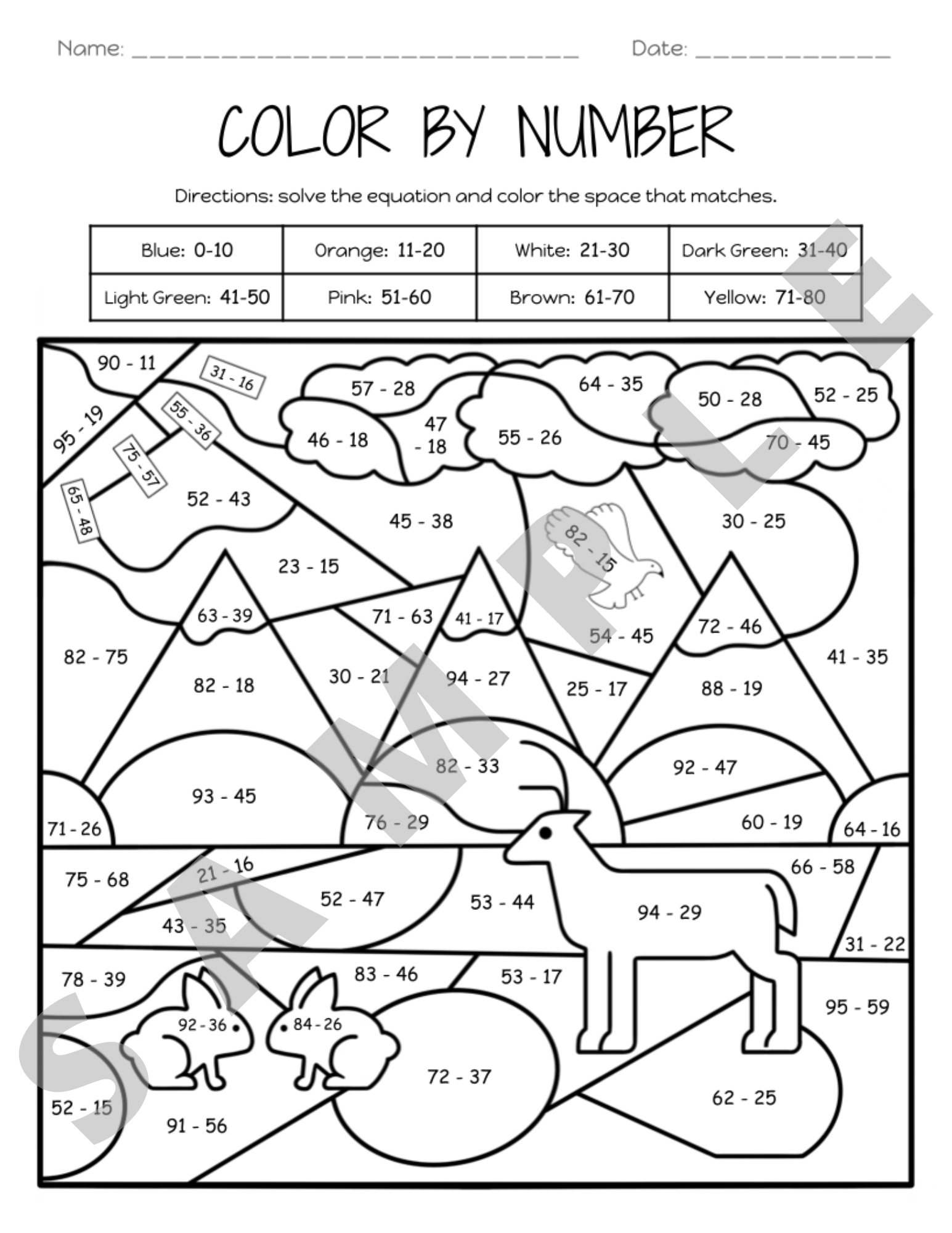 color by subtraction worksheets