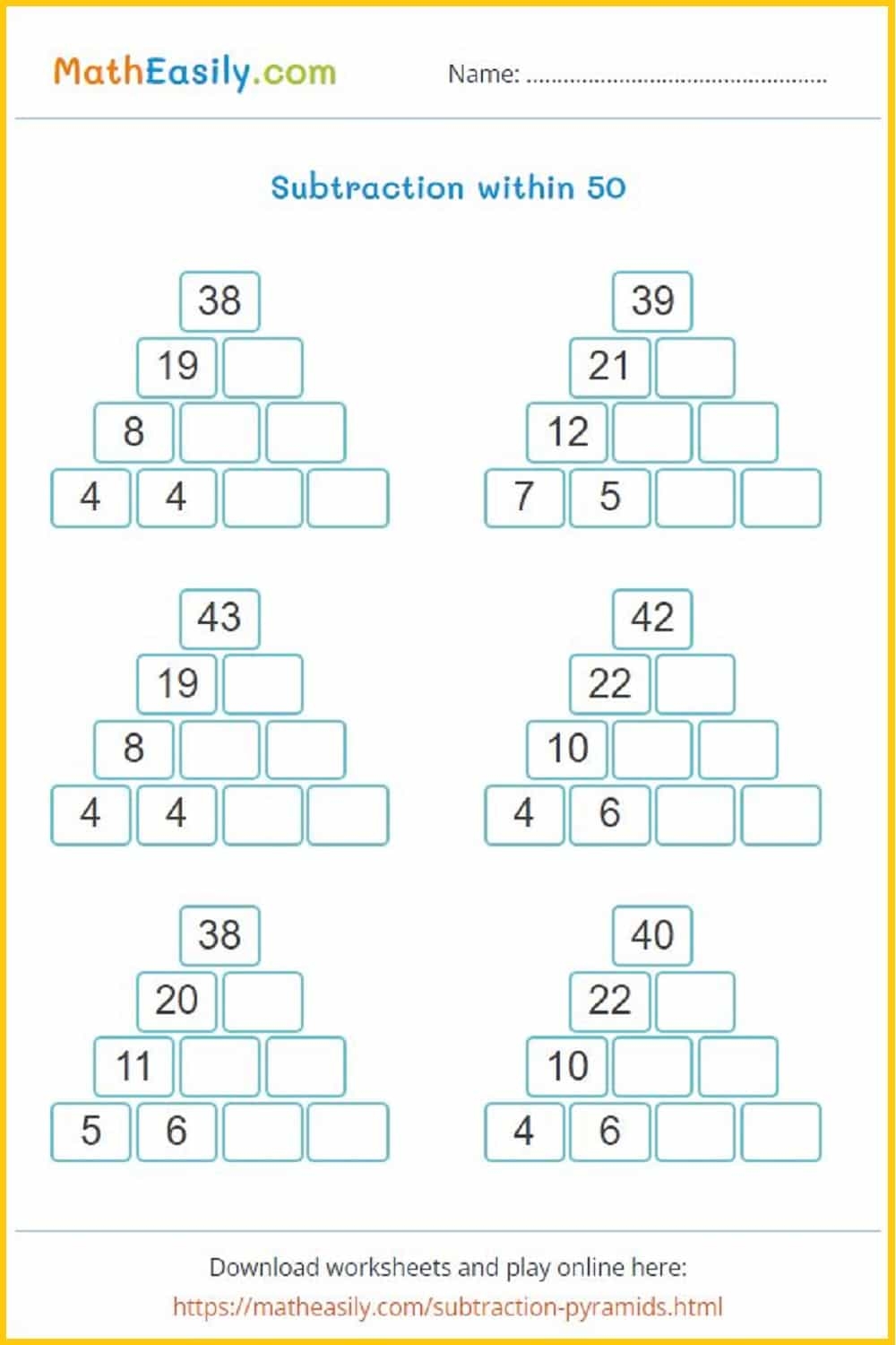 Subtraction Pyramid Puzzle Worksheets Games Subtraction Pyramid Puzzle Worksheets Games