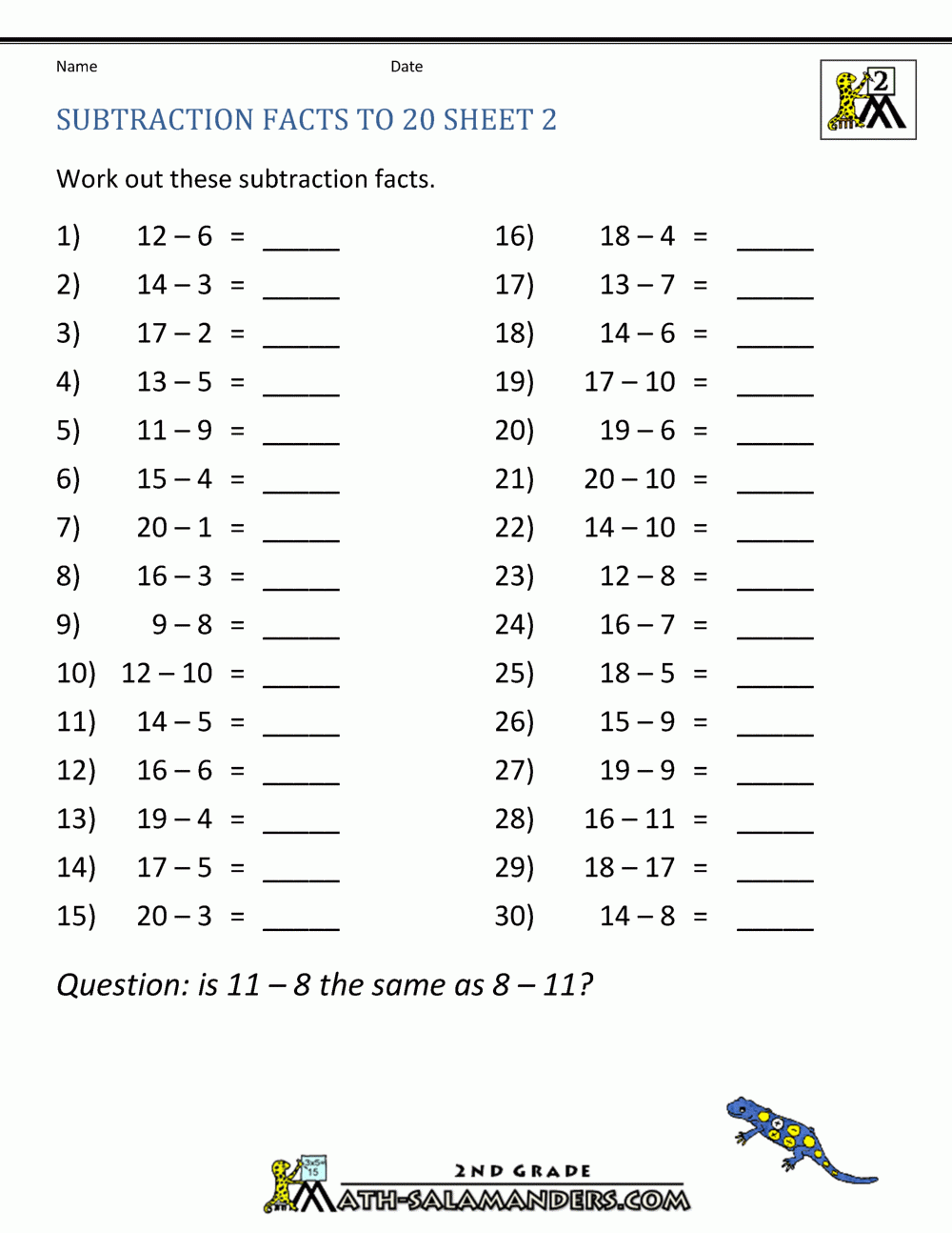 subtraction facts to 20