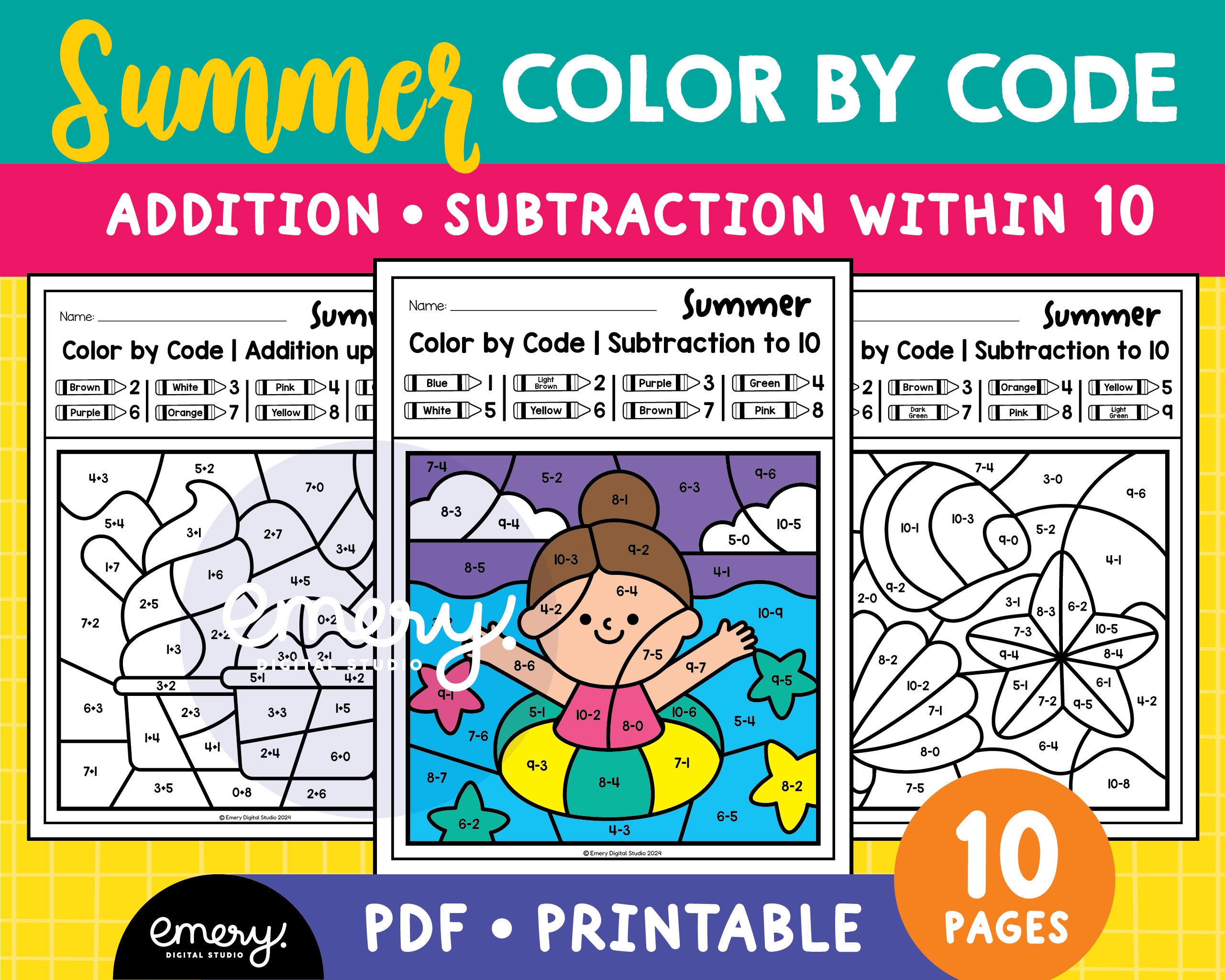 Summer Color By Code Addition Subtraction Within 10 Worksheets Coloring Pages Etsy