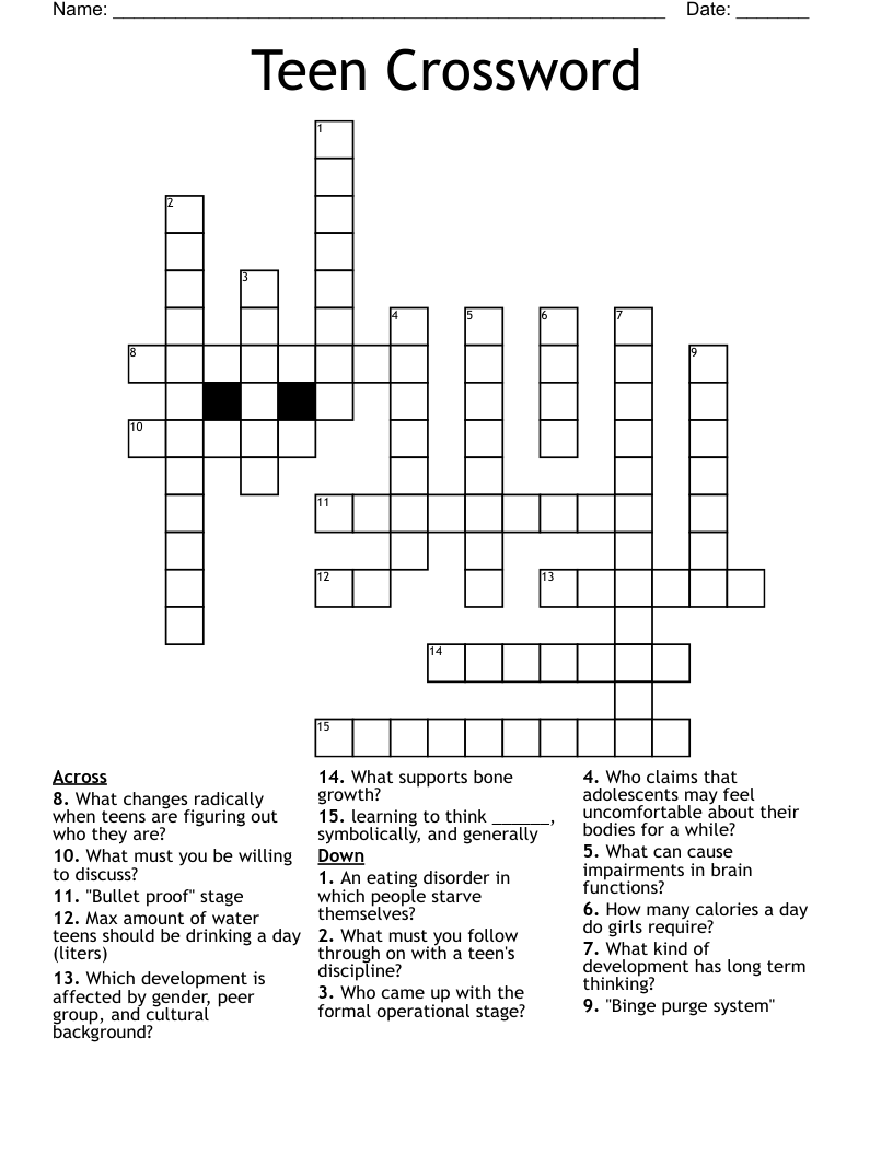 Teen Crossword WordMint Teen Crossword WordMint