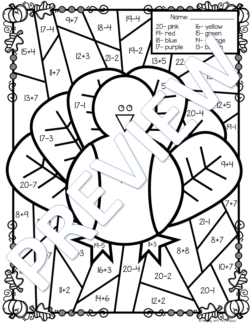 Thanksgiving Color By Number Addition And Subtraction My WordPress