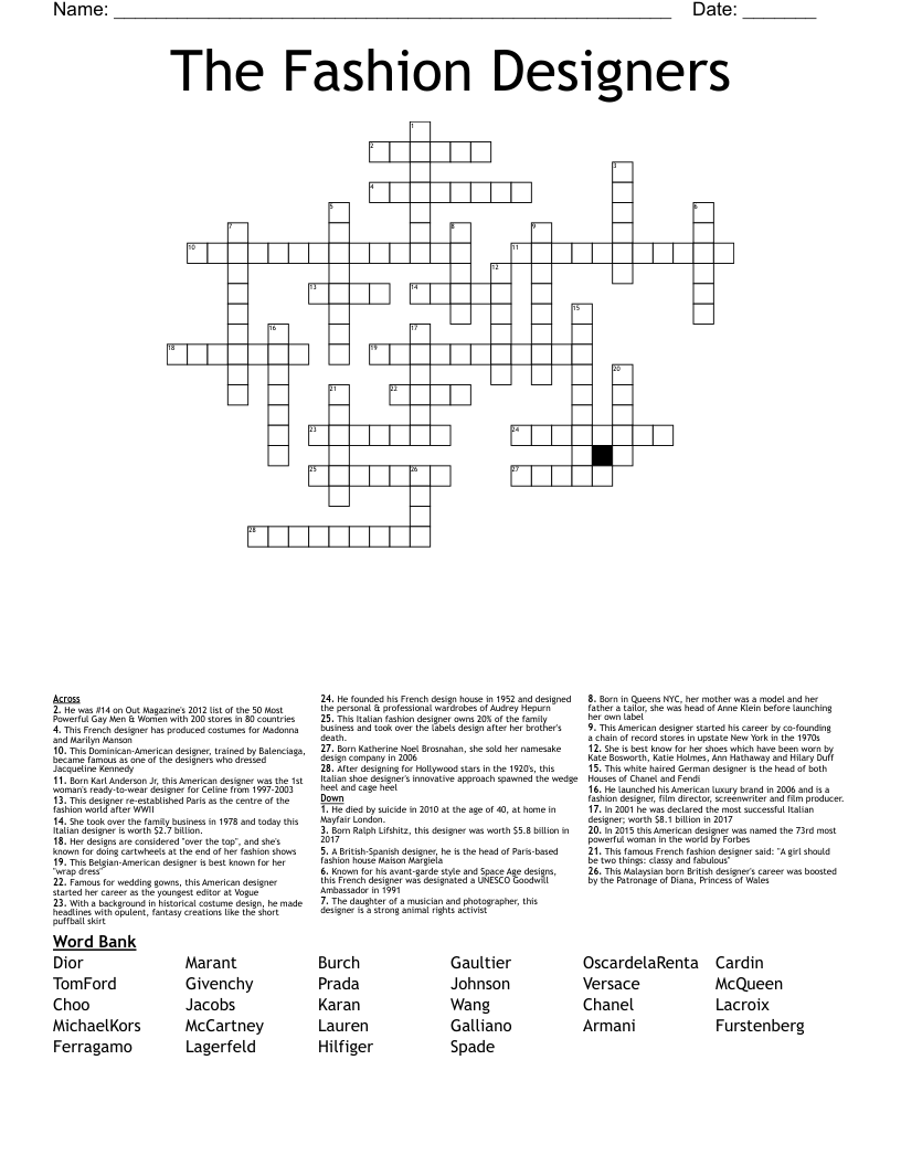 The Fashion Designers Crossword WordMint