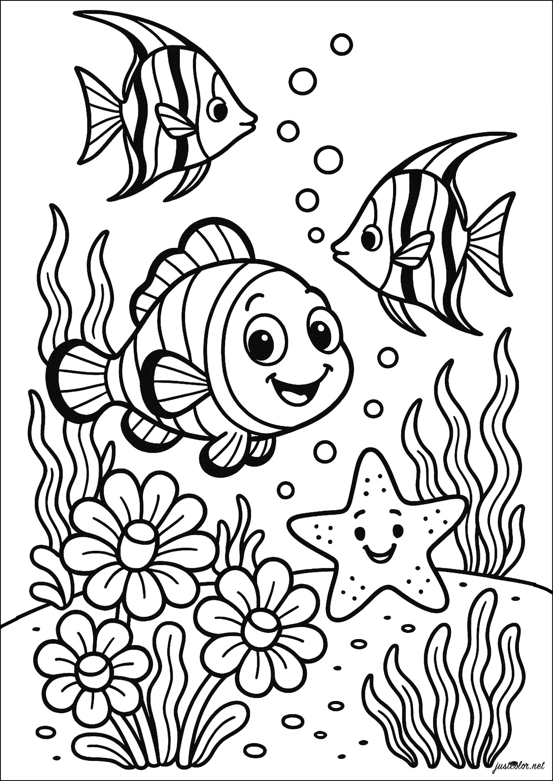 Three Fish And A Starfish Fish Coloring Pages