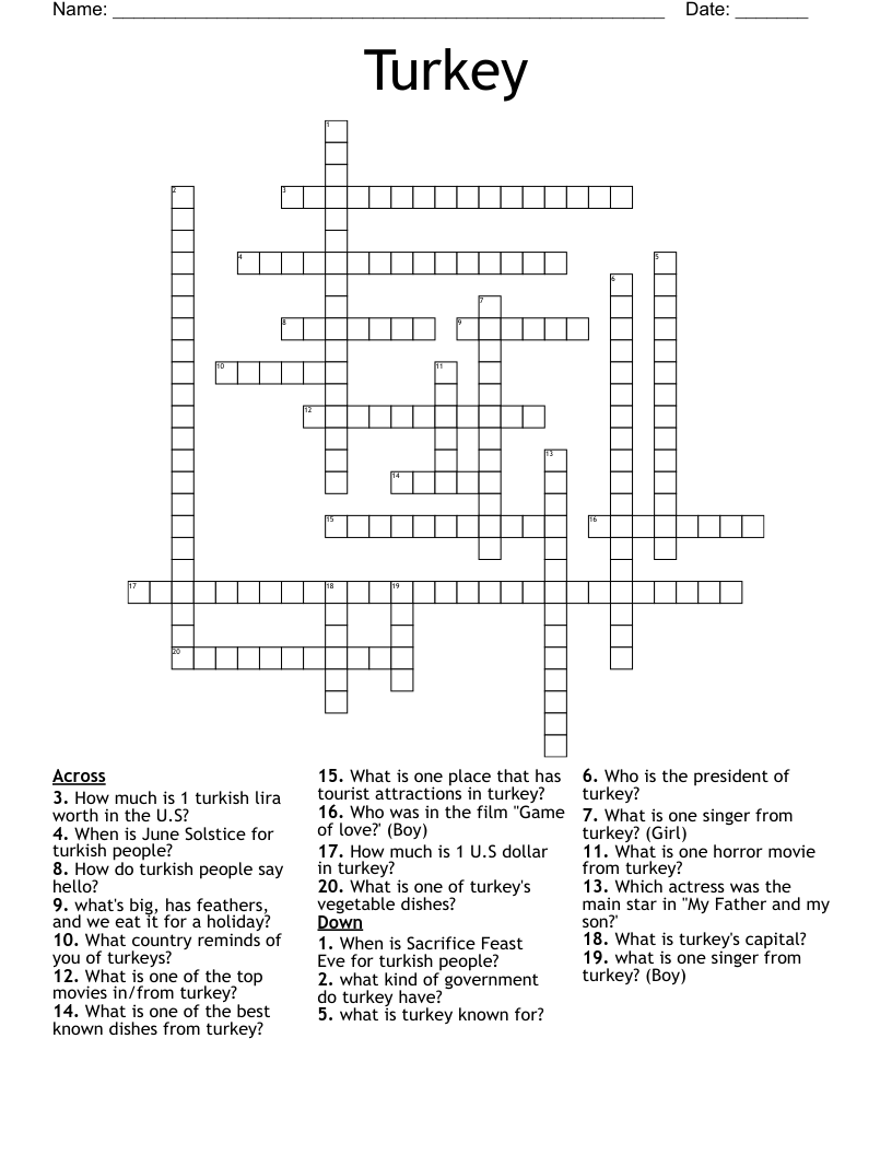 Turkey Crossword WordMint Turkey Crossword WordMint