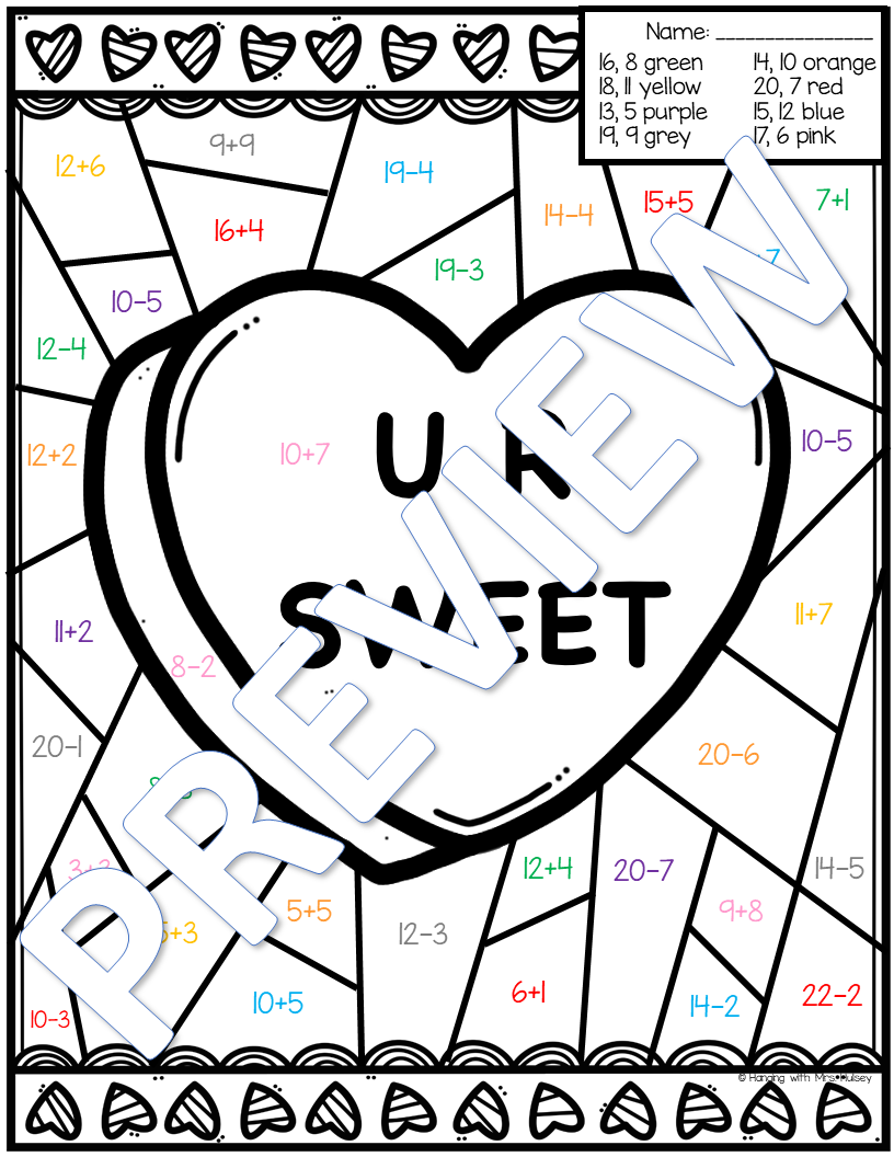 Valentine Color By Number Addition And Subtraction My WordPress