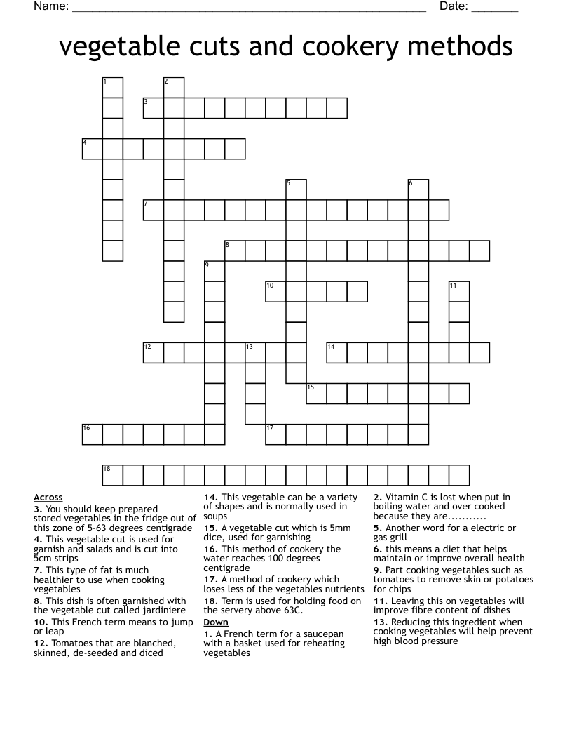 Vegetable Cuts And Cookery Methods Crossword WordMint