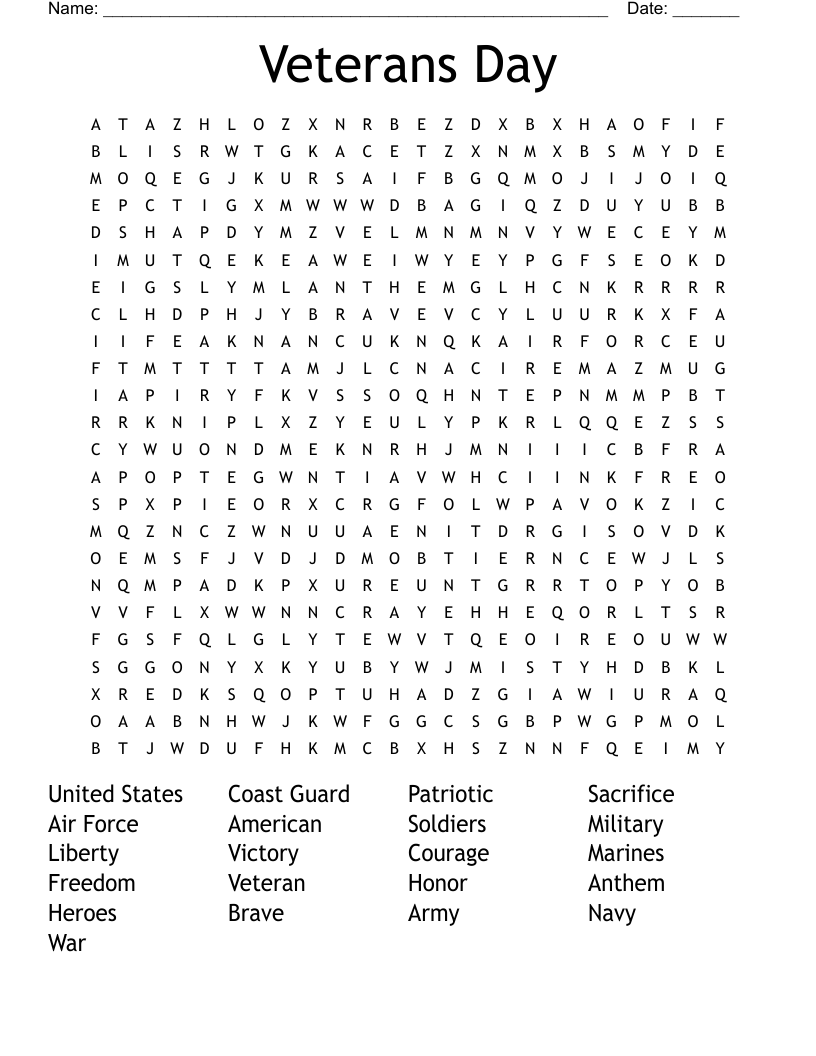 Veterans Day Word Search WordMint